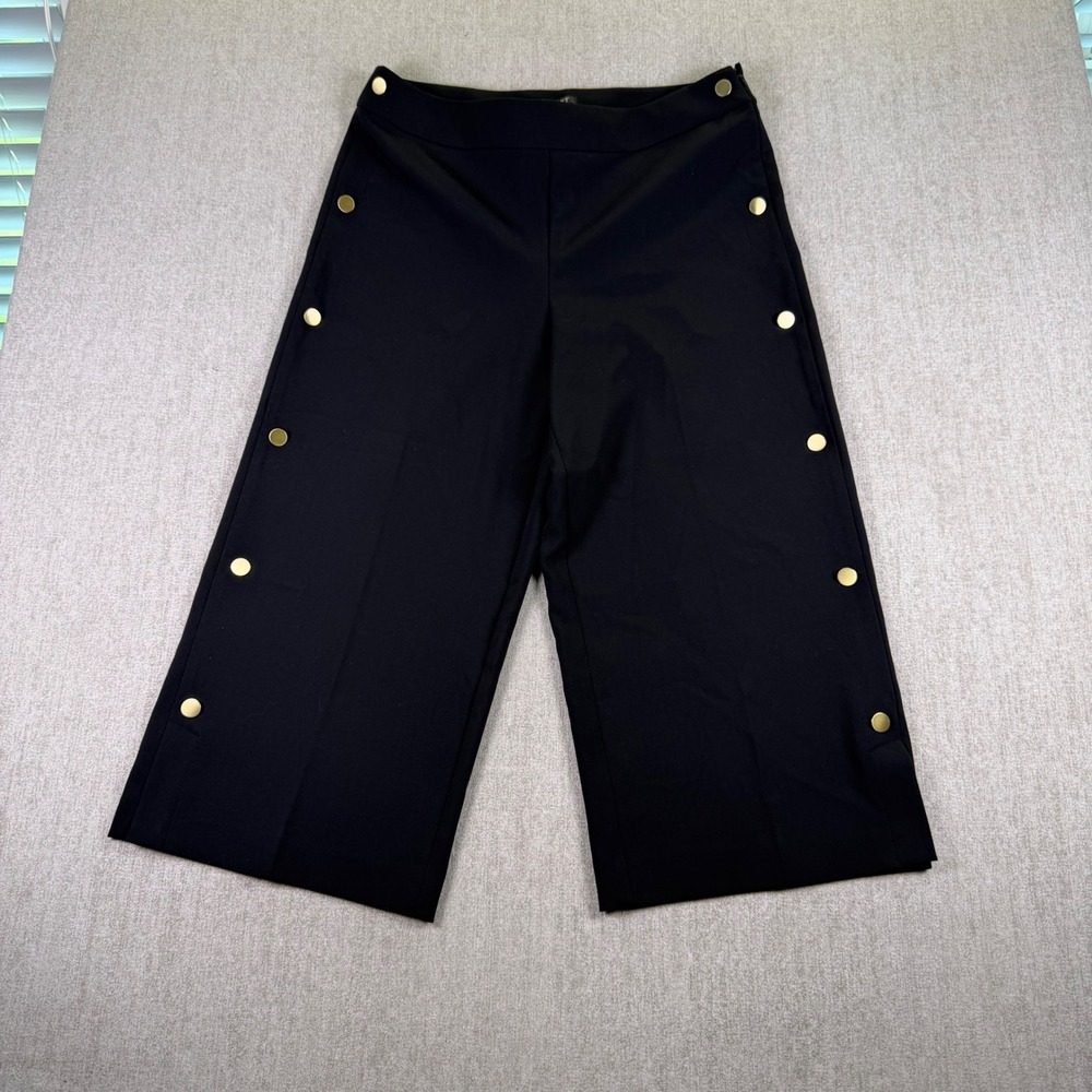 LOFT Wide Leg Crop Pants Womens 12 Black Gold Button Side Zip Trousers